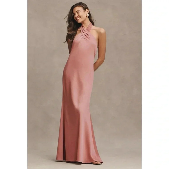NWT Anthropologie BHLDN Ruby Twist Halter Satin Gown Maxi Dress Wedding Pink 0 - Picture 1 of 15